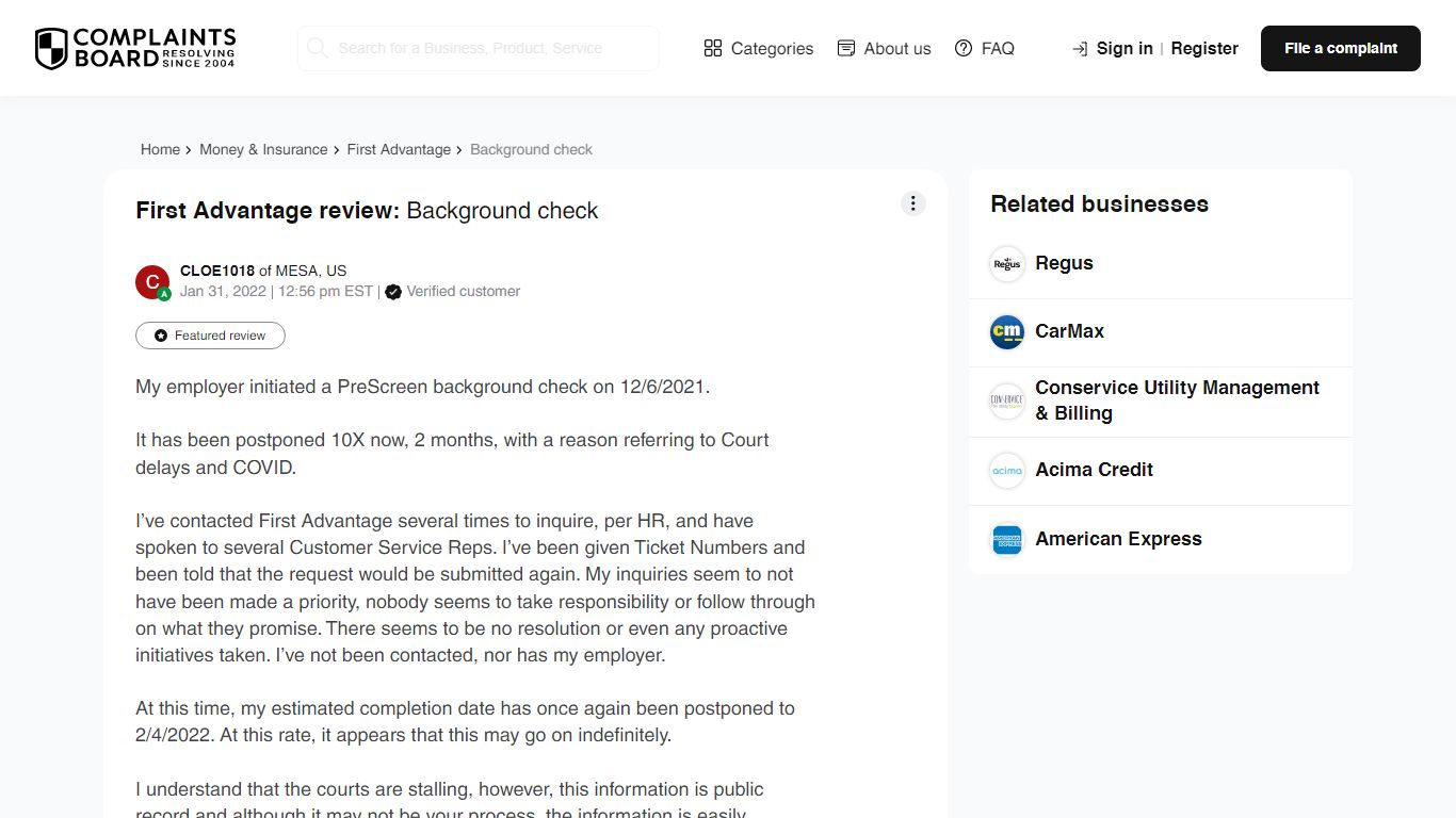 First Advantage review: Background check - Complaints Board